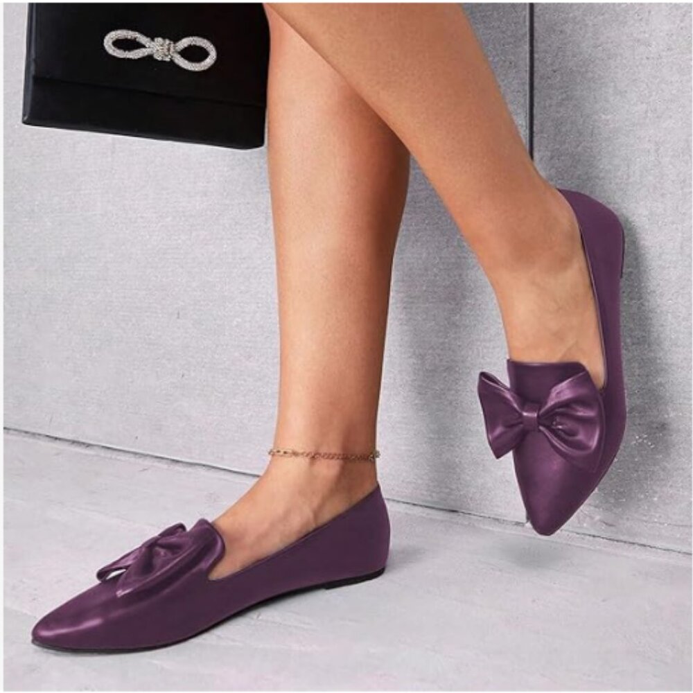 Pazzion Purple Cozy Pointed Toe Ballet Flats Bows Slip On Solid Color Pumps
